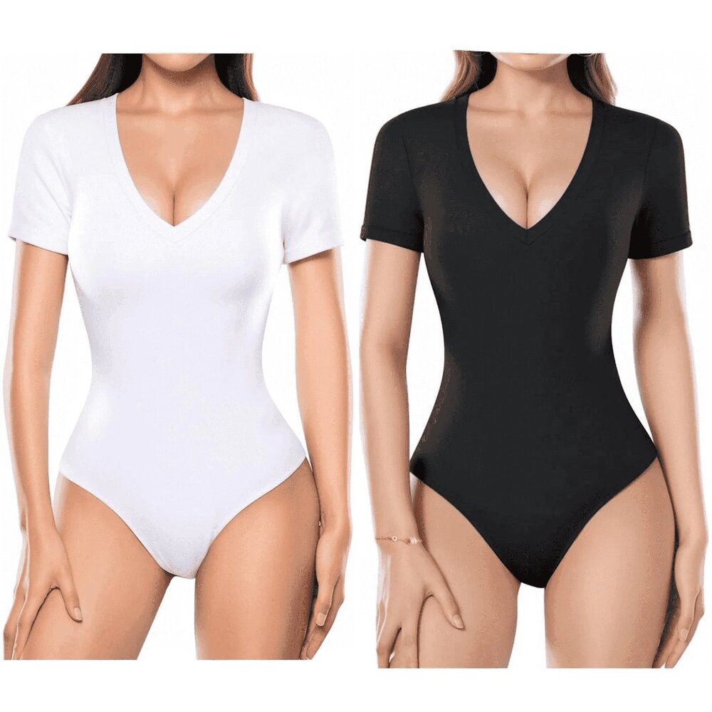 2-Pack Women’s Tummy Control Deep V-Neck Short Sleeve Bodysuits – Black + White